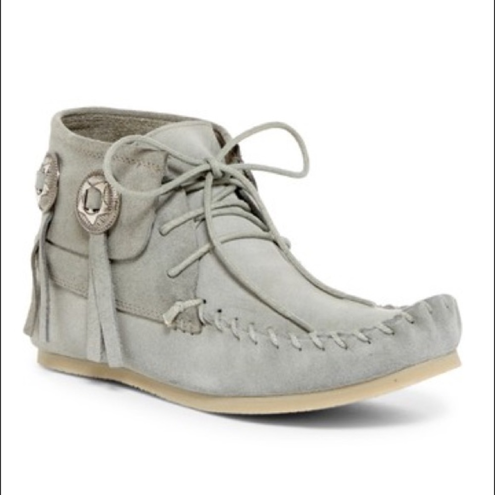 NIB Grey Navajo Boho Moccasin Ankle Lace Up Bootie